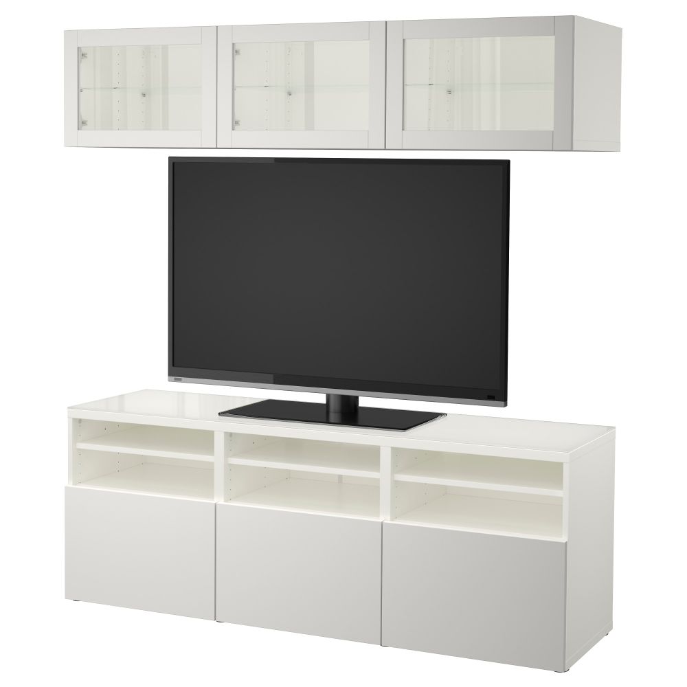 Шкаф для ТВ, комбинированный, стекляные дверцы БЕСТО, белый Лаппвикен, Синдвик светло-серый прозрачное стекло (180x40x192 см) - фото 1