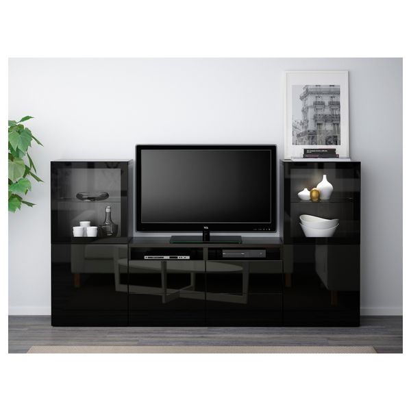 Шкаф для ТВ, комбинированный, стекляные дверцы БЕСТО, черно-коричневый, Сельсвикен глянцевый/черный прозрачное стекло - фото 2