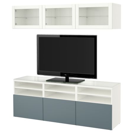 Шкаф для ТВ, комбинированный, стекляные дверцы БЕСТО, белый, Вальвикен серо-бирюзовый, прозрачное стекло (180x40x192 см)