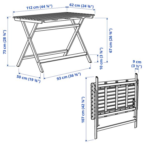 Садовый стол, складной светло-коричневая морилка 112x62 см IKEA ASKHOLMEN АСКХОЛЬМЕН 303.757.09 - схема-чертеж с размерами