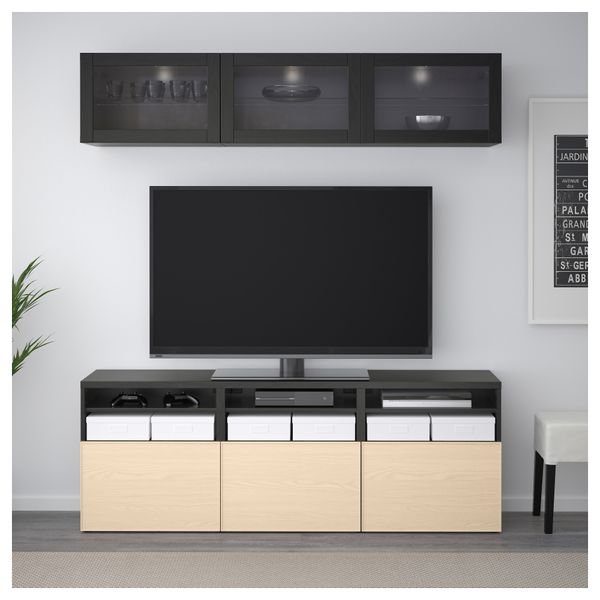 Шкаф для ТВ, комбинированный, стекляные дверцы БЕСТО, черно-коричневый Синдвик, Инвикен ясеневый шпон (180x40x192 см) - фото 2