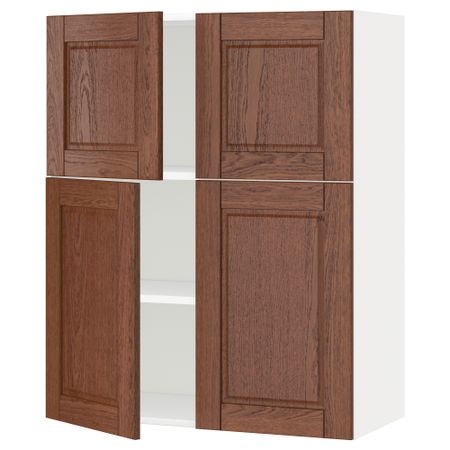 Навесной шкаф с полками, 4 дверцы МЕТОД, белый, Филипстад коричневый (80x100 см)