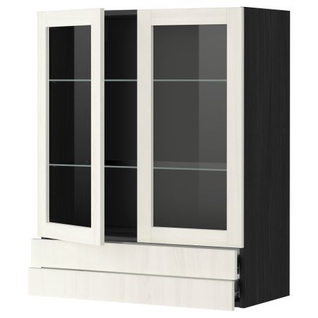 Навесной шкаф, 2 стеклянные дверцы, 2 ящика МЕТОД / ФОРВАРА, черный, Росдаль белый