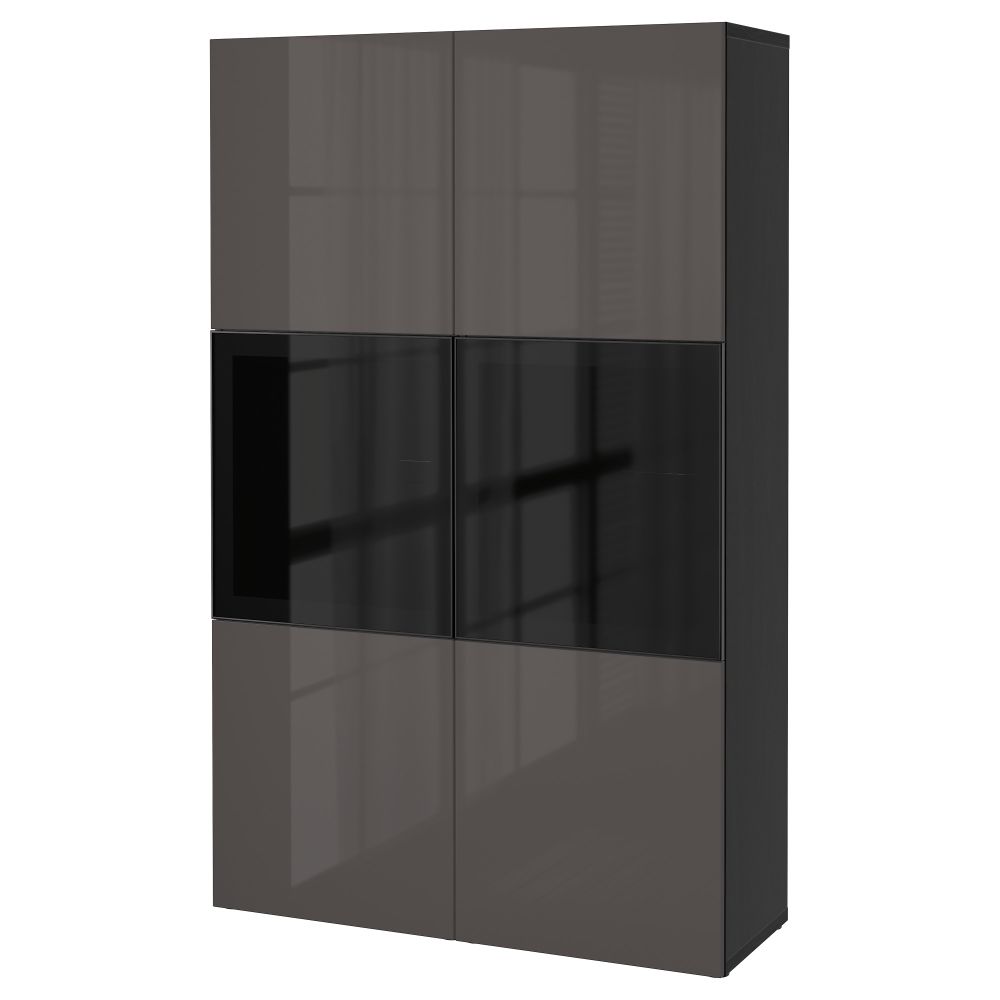 Комбинация для хранения со стеклянными дверцами БЕСТО, черно-коричневый, Сельсвикен глянцевый/серый дымчатое стекло (120x40x192 - фото 1