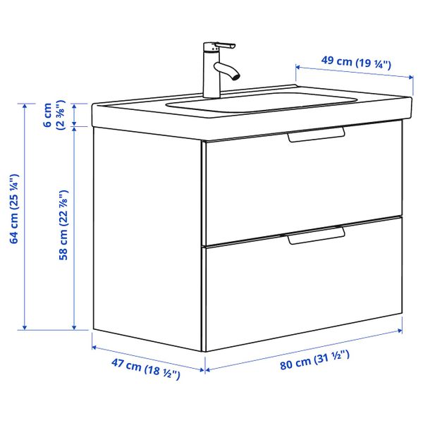 Шкаф для раковины с 2 ящ, белый/ДАЛЬШЕР смеситель 83x49x64 см IKEA GODMORGON ГОДМОРГОН / ODENSVIK ОДЕНСВИК 092.929.09 - схема-чертеж с размерами