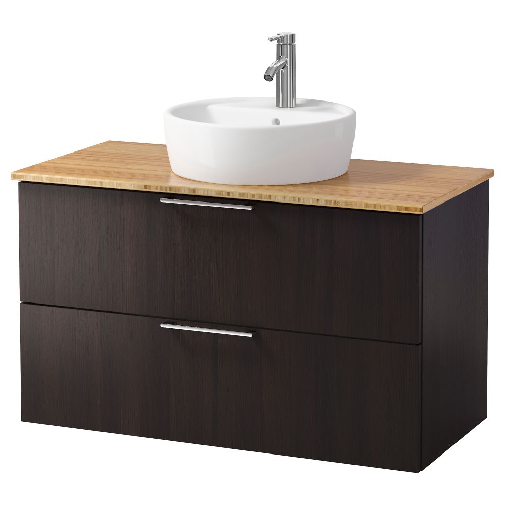 Шкаф п-раковину/столешн45/раковина ГОДМОРГОН/АЛДЕРН / ТОРНВИКЕН, черно-коричневый, бамбук (102x49x74 см) - схема-чертеж с размерами