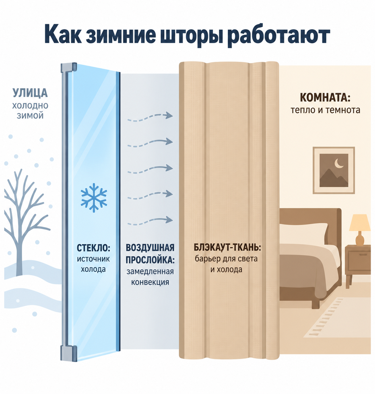 Схема четырёх слоёв зимнего окна: стекло, воздушная прослойка, блэкаут-ткань, комната