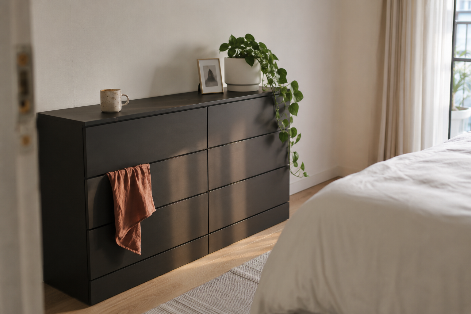 Комод NORDLI антрацит 9 ящиков в минималистской спальне — модульная система IKEA от Ola Wihlborg