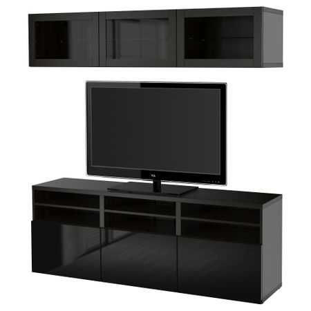 Шкаф для ТВ, комбинированный, стекляные дверцы БЕСТО, Ханвикен, Синдвик черно-коричневый прозрачное стекло (180x40x192 см)