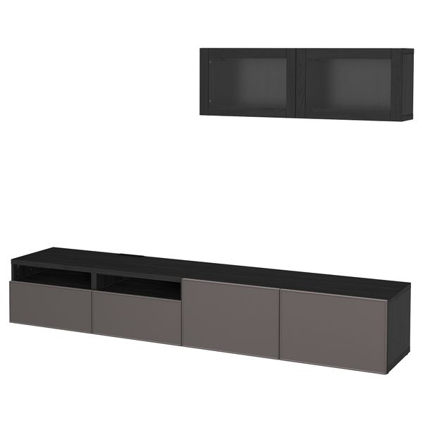 Шкаф для ТВ, комбинированный, стекляные дверцы БЕСТО, черно-коричневый Грундсвикен, темно-серый прозрачное стекло (240x20/40x166 - фото 1