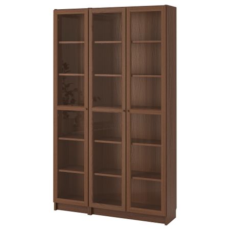Шкаф книжный со стеклянными дверьми, 120x30x202 см, коричневый ясеневый шпон IKEA BILLY БИЛЛИ, OXBERG ОКСБЕРГ 292.817.97