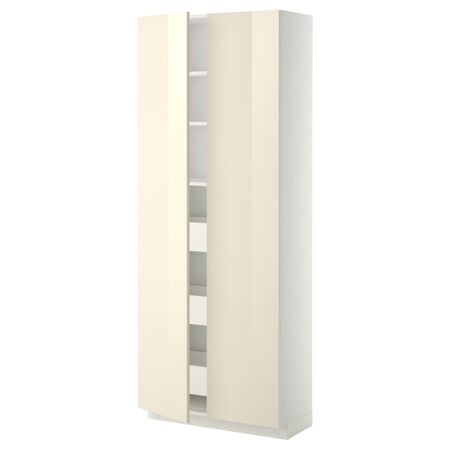 Высокий шкаф с ящиками, 2 дверцы МЕТОД / МАКСИМЕРА, белый, Рингульт кремовый (80x37x200 см)