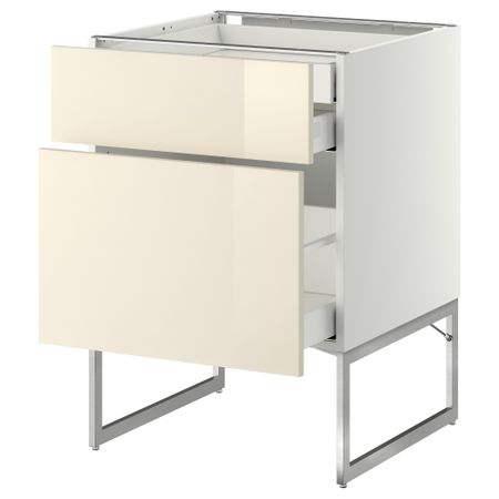 Напольный шкаф 2 фронтальных панели, 2 нижних,1 встроенный ящик МЕТОД / МАКСИМЕРА, белый, Рингульт кремовый