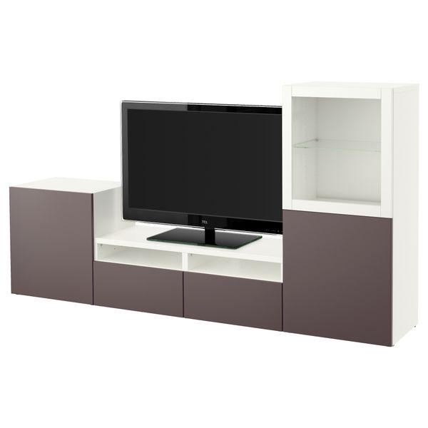 Шкаф для ТВ, комбинированный, стекляные дверцы БЕСТО, белый, Вальвикен темно-коричневый, прозрачное стекло (240x40x128 см) - фото 1