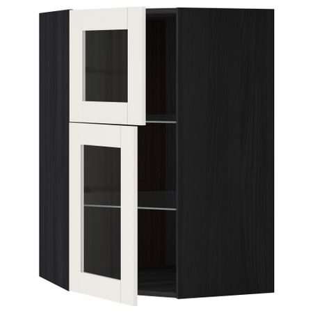 Угловой навесной шкаф + полки, 2 стеклянные дверцы МЕТОД, черный, Сэведаль белый (68x100 см)