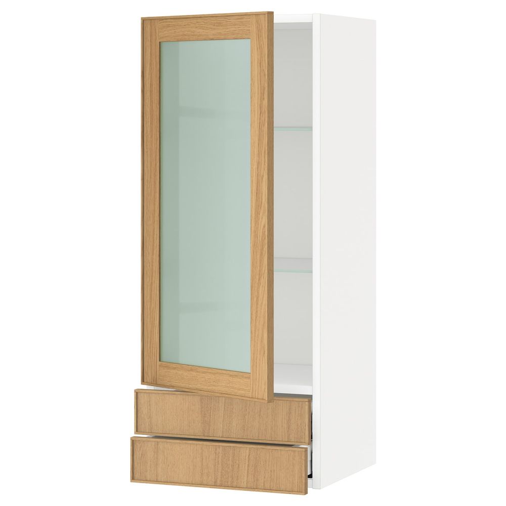 Навесной шкаф, стеклянная дверца, 2 ящика, белый/Экестад дуб 40x100 см IKEA METOD МЕТОД / MAXIMERA МАКСИМЕРА 692.353.98 - схема-чертеж с размерами