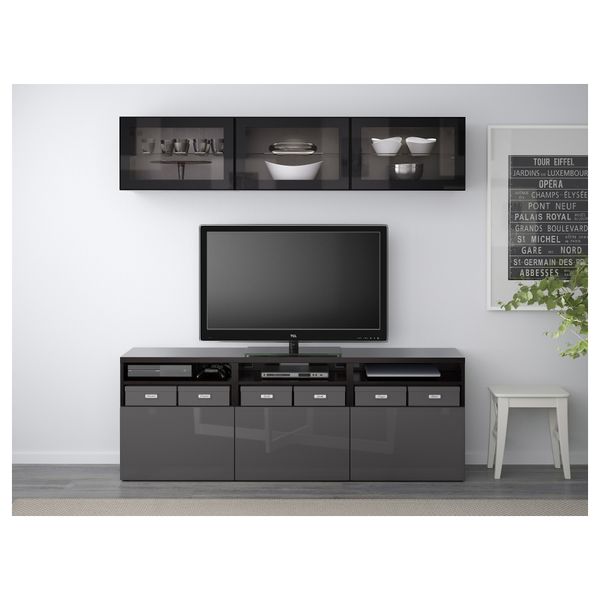 Шкаф для ТВ, комбинированный, стекляные дверцы БЕСТО, черно-коричневый, Сельсвикен глянцевый/серый прозрачное стекло (180x40x192 - фото 2