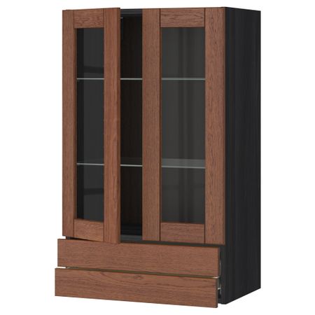 Навесной шкаф, 2 стеклянные дверцы, 2 ящика МЕТОД / ФОРВАРА, черный, Филипстад коричневый