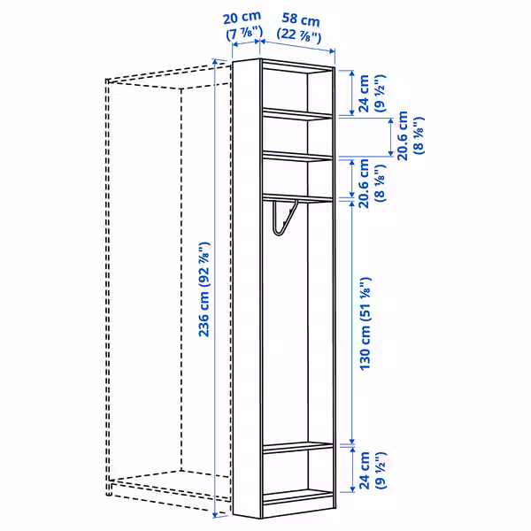 PAX Дополнительный модуль - под дуб 20x58x236 см - схема-чертеж с размерами