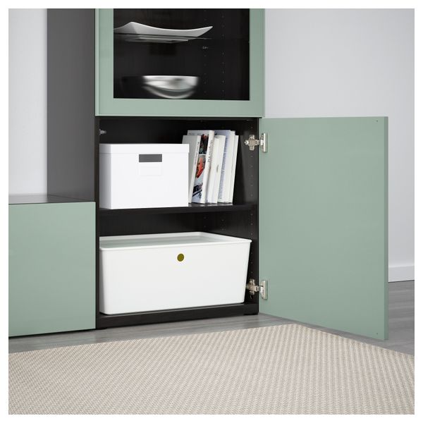 Шкаф для ТВ, комбинированный, стекляные дверцы БЕСТО, черно-коричневый Сельсвикен, глянцевый/серо-зеленый светлый прозрачное - фото 3