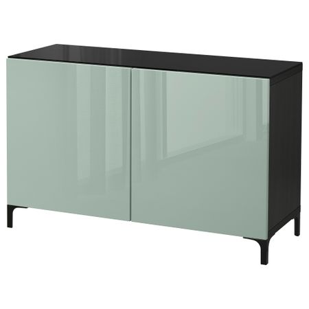 Комбинация для хранения с дверцами БЕСТО, черно-коричневый, Сельсвикен глянцевый/серо-зеленый светлый (120x40x74 см)