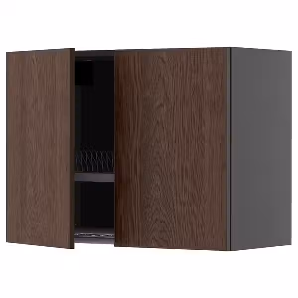 METOD Навесной шкаф с сушилкой/2дверцы - черно-серый/Sinarp коричневый 80x60 см - фото 1