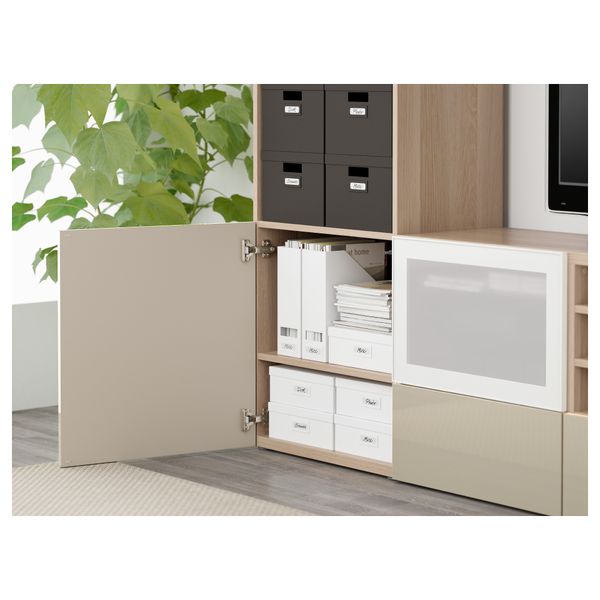 Шкаф для ТВ, комбинированный, стекляные дверцы БЕСТО, под беленый дуб, Сельсвикен глянцевый/бежевый матовое стекло (240x40x230 - фото 3