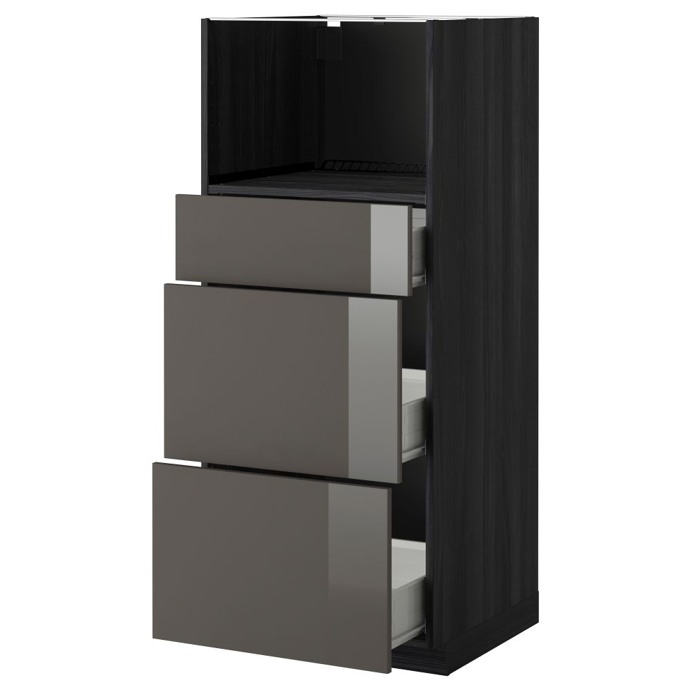 Высокий шкаф для СВЧ с 3 ящиками МЕТОД / ФОРВАРА, черный, Рингульт серый (60x60x140 см) - фото 1