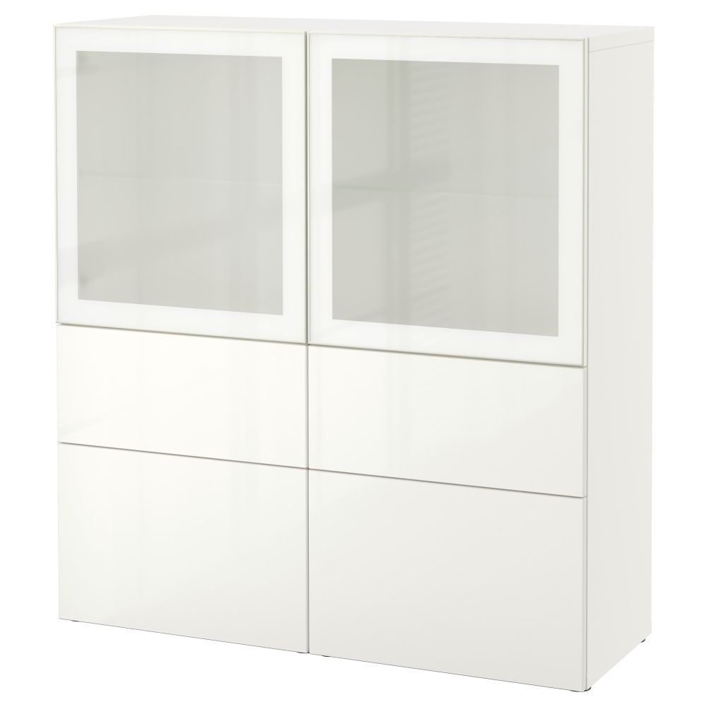 Комбинация для хранения со стеклянными дверцами БЕСТО, белый, Сельсвикен глянцевый/белый матовое стекло (120x40x128 см) - фото 1