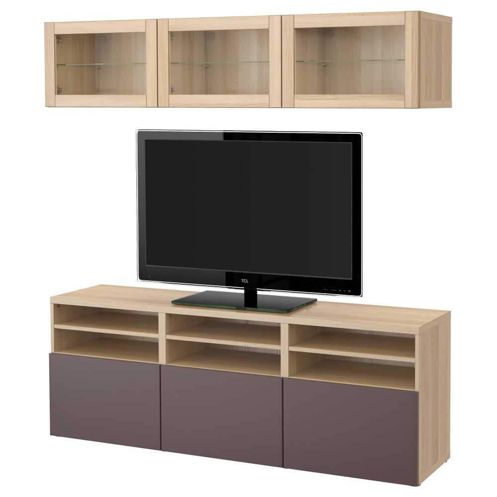 Шкаф для ТВ, комбинированный, стекляные дверцы БЕСТО, под беленый дуб, Вальвикен темно-коричневый, прозрачное стекло (180x40x192 - фото 1