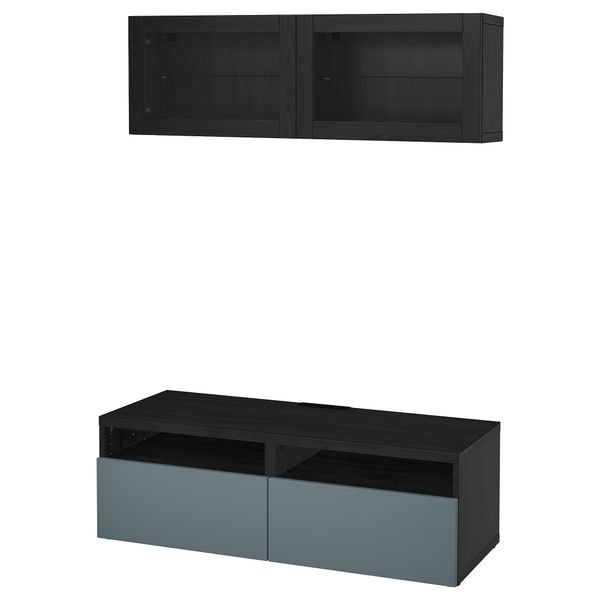 Шкаф для ТВ, комбинированный, стекляные дверцы БЕСТО, черно-коричневый, Вальвикен серо-бирюзовый, прозрачное стекло - фото 1