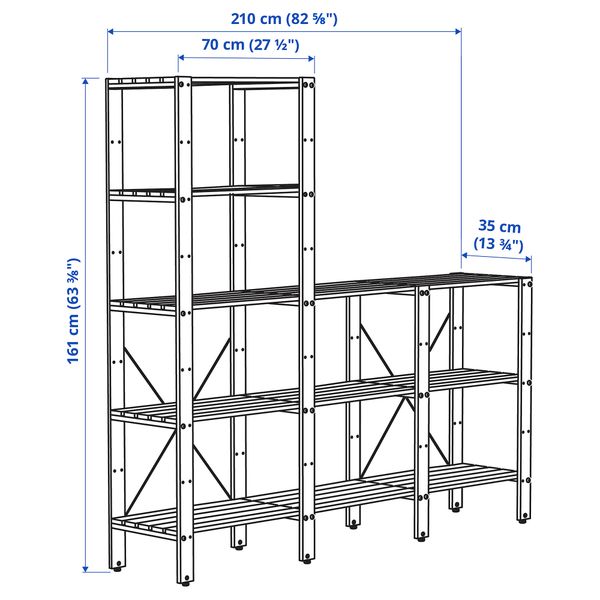 Стеллаж, для сада, 210x35x90-161 см, коричневая морилка IKEA TORDH ТУРД 193.164.91 - схема-чертеж с размерами