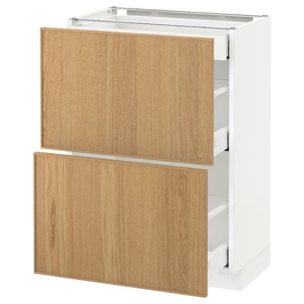 Напольный шкаф/2фасада/3ящика, белый/Экестад дуб 60x37 см IKEA METOD МЕТОД / MAXIMERA МАКСИМЕРА 292.361.30 - схема-чертеж с размерами