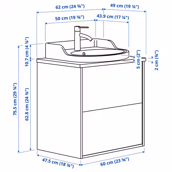 TÄNNFORSEN ТАННФОРСЕН / RUTSJÖN РУТШЁН Шкаф с ящиками/раковина/смеситель - схема-чертеж с размерами