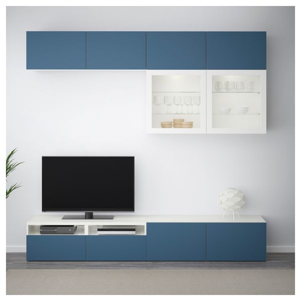 Шкаф для ТВ, комбинированный, стекляные дверцы БЕСТО, белый Вальвикен, темно-синий прозрачное стекло (240x40x230 см) - фото 2