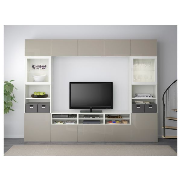 Шкаф для ТВ, комбинированный, стекляные дверцы БЕСТО, белый, Сельсвикен глянцевый/бежевый прозрачное стекло (300x40x230 см) - фото 2