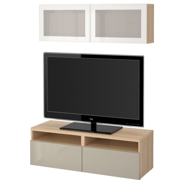 Шкаф для ТВ, комбинированный, стекляные дверцы БЕСТО, под беленый дуб, Сельсвикен глянцевый/бежевый матовое стекло - фото 1