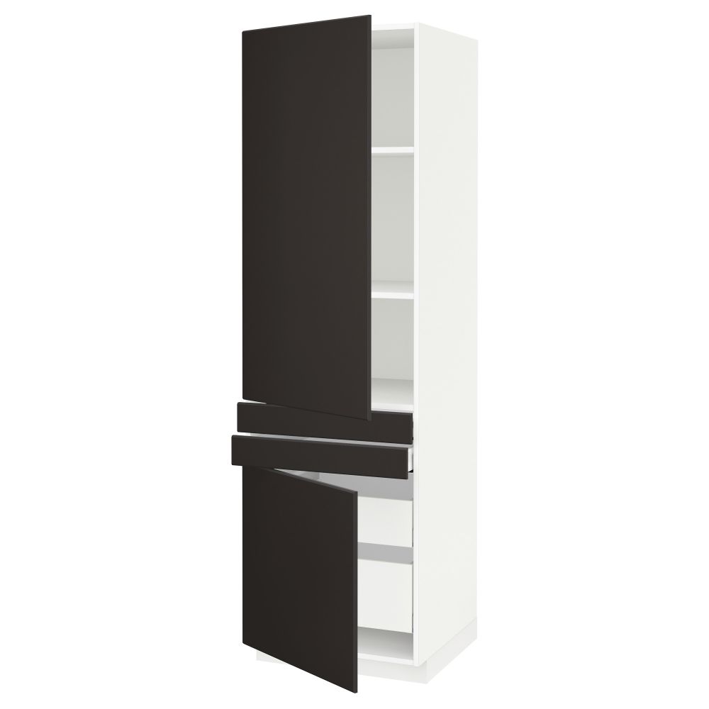 Высокий шкаф + полки, 4 ящик, 2 двери, 2 фронтальные МЕТОД / МАКСИМЕРА, белый, Кунгсбакка антрацит (60x60x200 см) - схема-чертеж с размерами