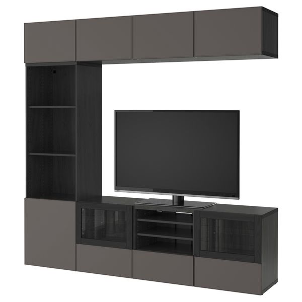 Шкаф для ТВ, комбинированный, стекляные дверцы БЕСТО, черно-коричневый Грундсвикен, темно-серый прозрачное стекло (240x40x230 - фото 1