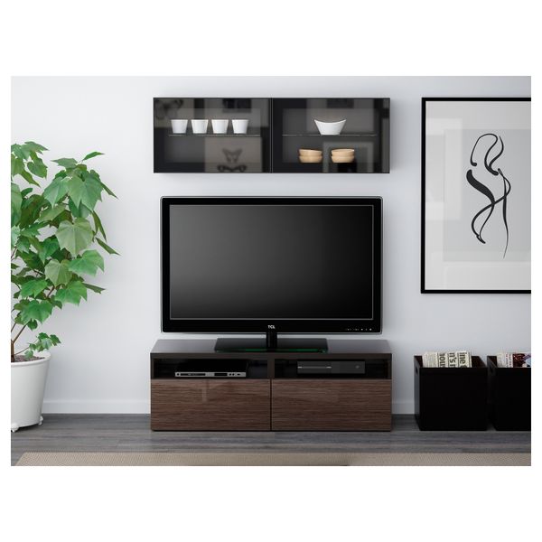 Шкаф для ТВ, комбинированный, стекляные дверцы БЕСТО, черно-коричневый, Сельсвикен глянцевый/коричневый прозрач стекло - фото 2