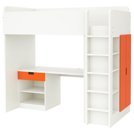 Кровать-чердак, 1 ящик, 2 дверцы СТУВА, белый, оранжевый (207x99x193 см)