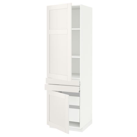 Высокий шкаф + полки, 4 ящик, 2 двери, 2 фронтальные МЕТОД / МАКСИМЕРА, белый, Сэведаль белый (60x60x200 см)