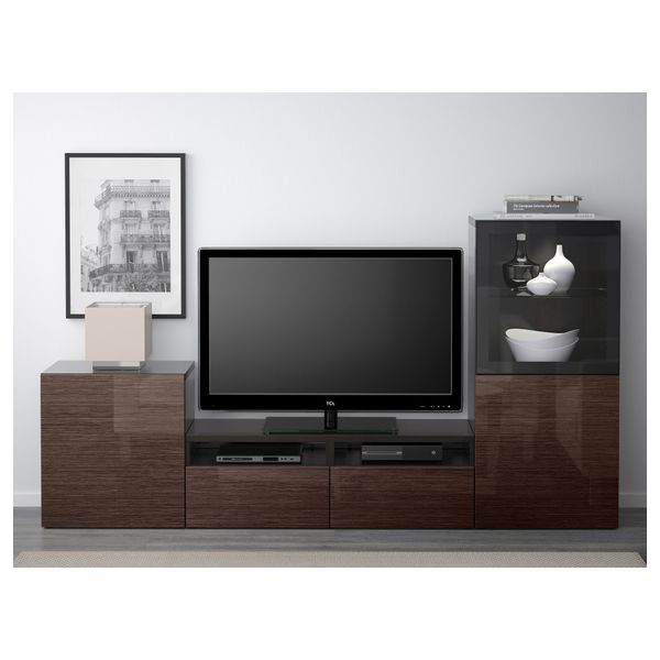 Шкаф для ТВ, комбинированный, стекляные дверцы БЕСТО, черно-коричневый, Сельсвикен глянцевый/коричневый прозрач стекло - фото 2