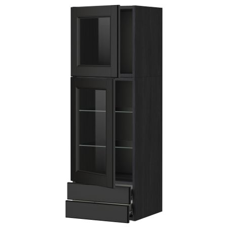Навесной шкаф, 2 стеклянные дверцы, 2 ящика МЕТОД / ФОРВАРА, черный, Лаксарби черно-коричневый черно-коричневый