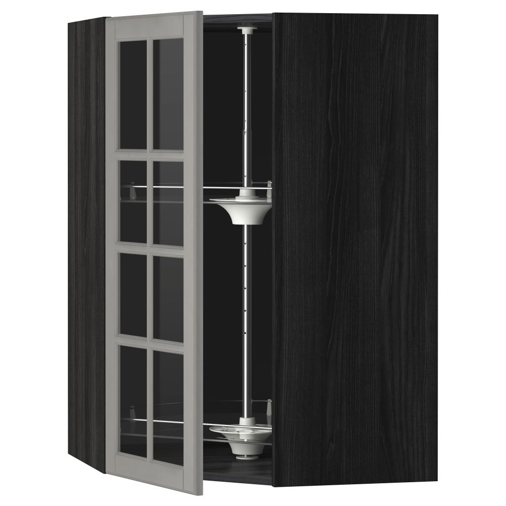 Угловой навесной шкаф с вращающающейся секцией, стеклянными дверцами МЕТОД, черный, Будбин серый - схема-чертеж с размерами