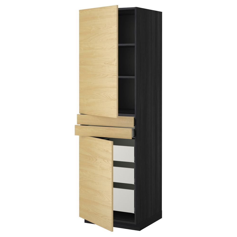 Высокий шкаф + полки, 5 ящиков, 2 дверцы, 2 фронтальных МЕТОД / МАКСИМЕРА, черный, Тингсрид береза - фото 1