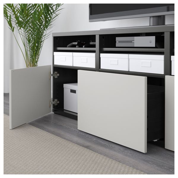 Шкаф для ТВ, комбинированный, стекляные дверцы БЕСТО, черно-коричневый Синдвик, Лаппвикен светло-серый прозрачное стекло - фото 3