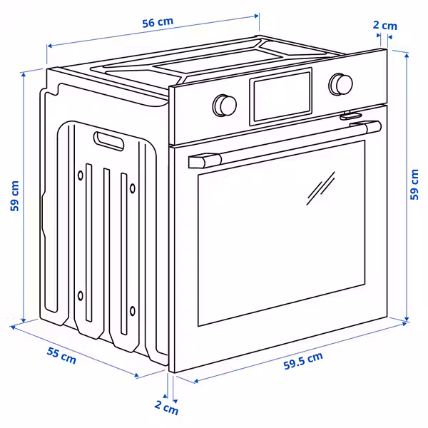 STENABY СТЭНАБЮ Духовка с конвекцией - с фукнцией пара/чёрный IKEA 500 - схема-чертеж с размерами