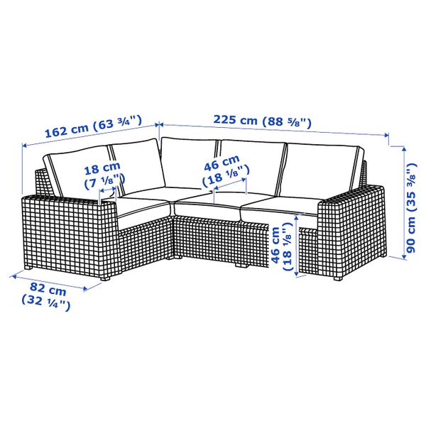 Модульный угловой 3-местный диван, садовый, темно-серый/ЙЭРПОН/дувхольмен антрацит IKEA SOLLERÖN СОЛЛЕРОН 793.264.49 - схема-чертеж с размерами