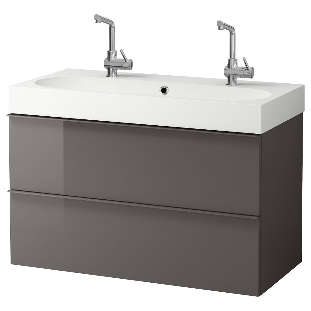 Шкаф для раковины с 2 ящиками ГОДМОРГОН / БРОВИКЕН, глянцевый серый (100x49x68 см) - фото 1